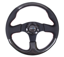NRG Sportratt Kolfiber med Lädergrepp / Röda Sömmar 315mm